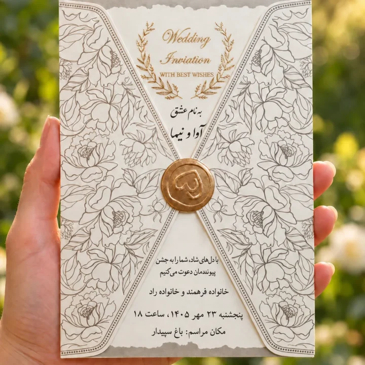 کارت عروسی سفید و طلایی مهردار مدل ۱۰۱۱