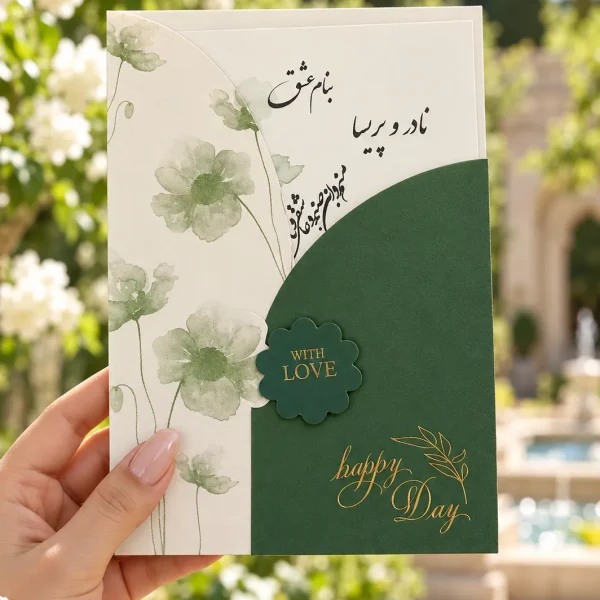 نمای اصلی کارت عروسی سبز مهردار طلاکوب مدل ۱۲۱۱