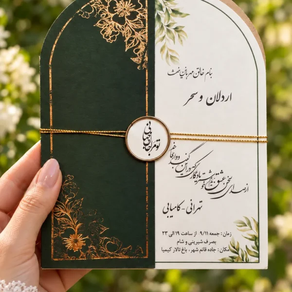 نمای اصلی کارت عروسی سبز کشویی با بند طلایی مدل ۱۲۲۱