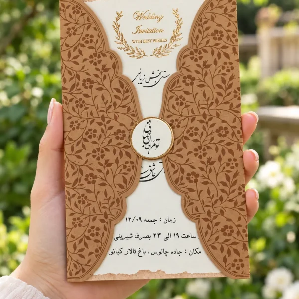 نمای اصلی کارت عروسی عمودی طلایی و قهوهای مدل ۱۲۴۱