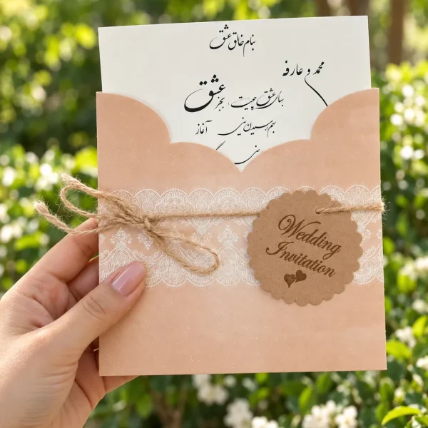 نمای اصلی کارت عروسی هلویی مربعی با تگ آویز مدل ۱۰۶۷