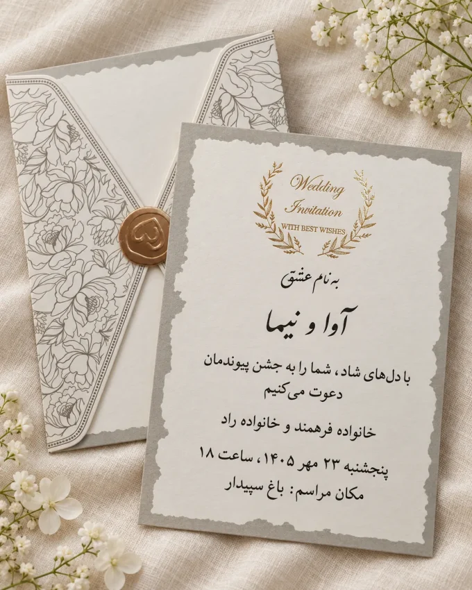 نمای باز کارت، با نمونه چاپ مشکی از کارت عروسی سفید و طلایی مهردار مدل ۱۰۱۱