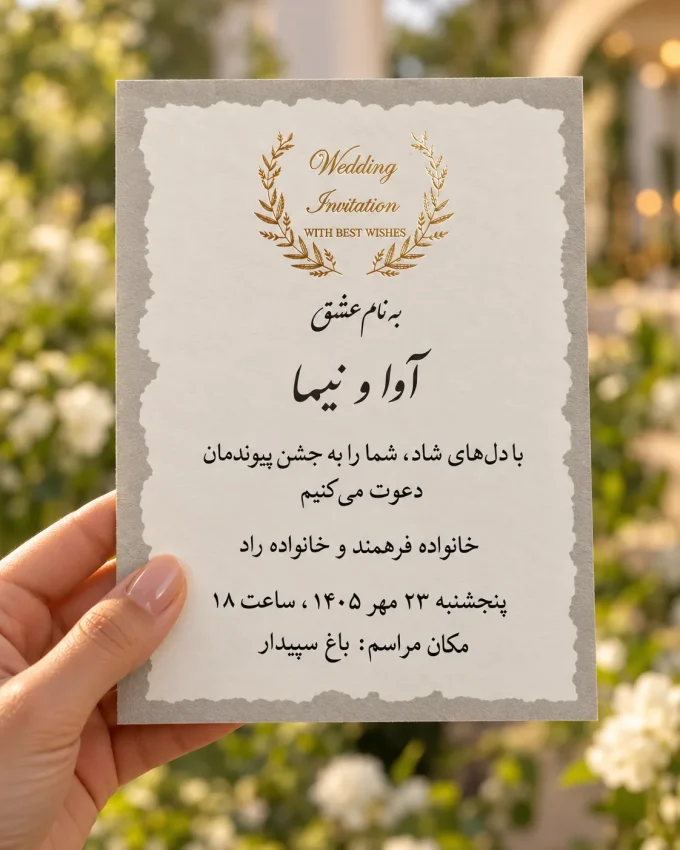 در دست، در فضای باز، با نمونه چاپ مشکی از کارت عروسی سفید و طلایی مهردار مدل ۱۰۱۱