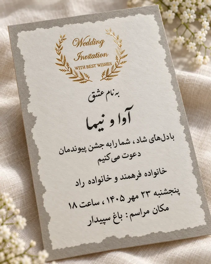 نمای جزئیات، با نمونه چاپ مشکی از کارت عروسی سفید و طلایی مهردار مدل ۱۰۱۱