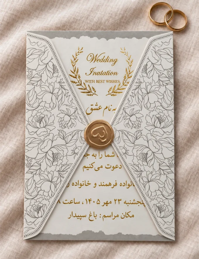 با نمونه طلاکوب از کارت عروسی سفید و طلایی مهردار مدل ۱۰۱۱