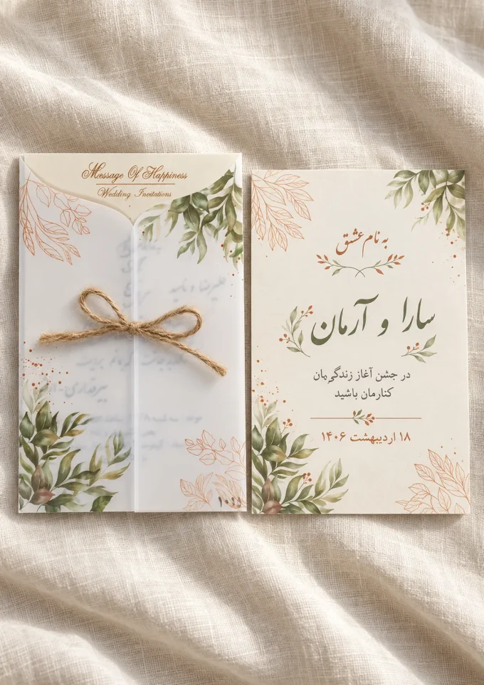 روی پارچه روشن، با نمونه چاپ رنگی از کارت عروسی کالک مات گیاهی مدل ۱۰۱۵