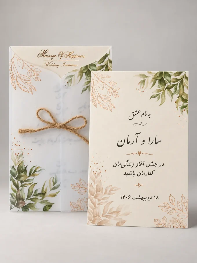 در نور استودیویی، با نمونه چاپ مشکی از کارت عروسی کالک مات گیاهی مدل ۱۰۱۵