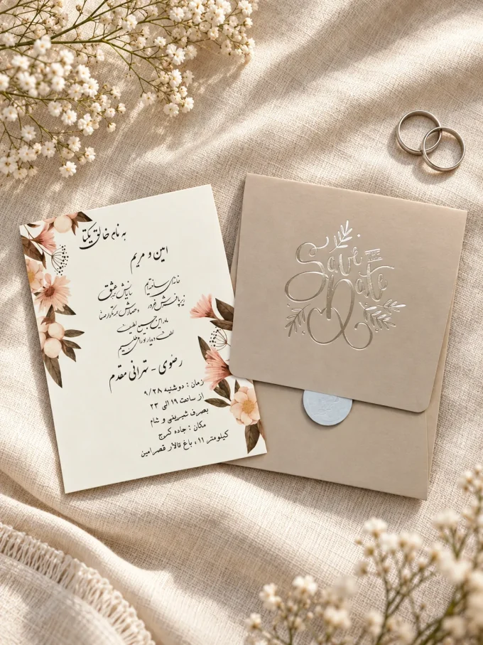 نمای باز کارت، روی پارچه روشن، کنار حلقه‌ها از کارت عروسی طوسی نقره‌ای مدل ۱۰۲۷