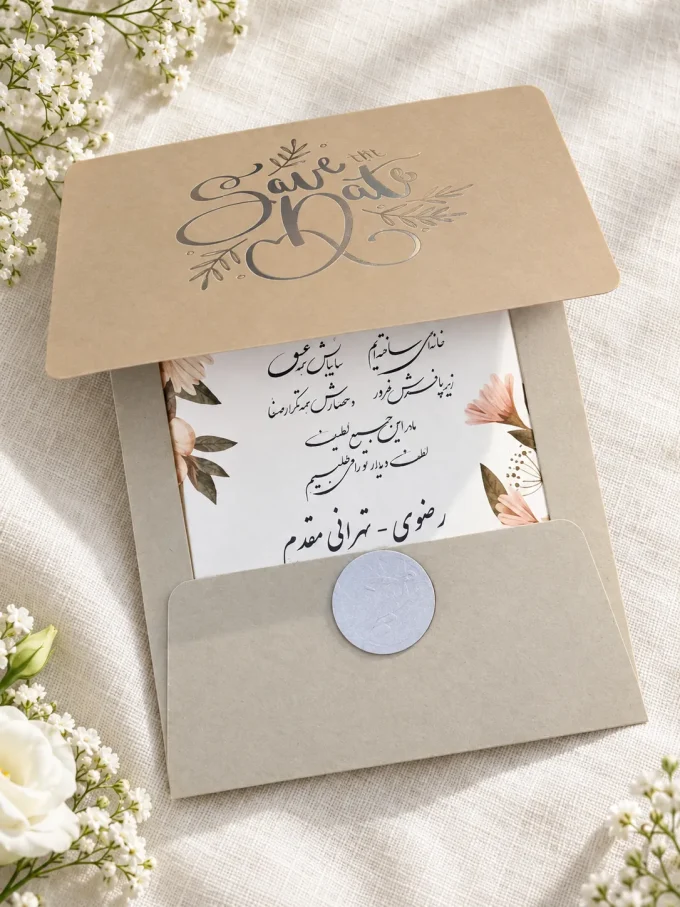 روی پارچه روشن، کنار گل‌ها از کارت عروسی طوسی نقره‌ای مدل ۱۰۲۷