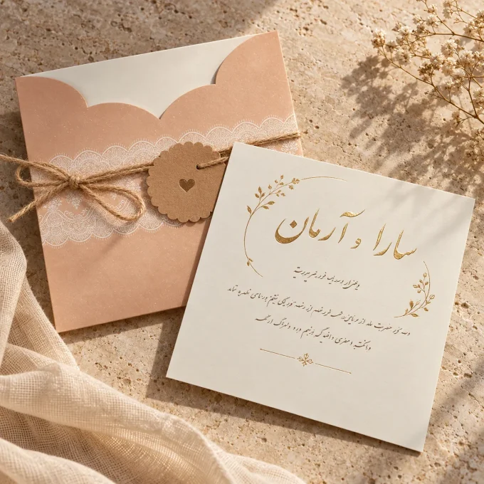 با نمونه طلاکوب از کارت عروسی هلویی مربعی با تگ آویز مدل ۱۰۶۷