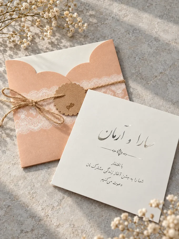 با نمونه نقره‌کوب از کارت عروسی هلویی مربعی با تگ آویز مدل ۱۰۶۷