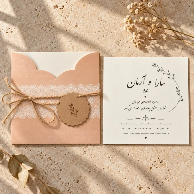 نمای باز کارت از کارت عروسی هلویی مربعی با تگ آویز مدل ۱۰۶۷