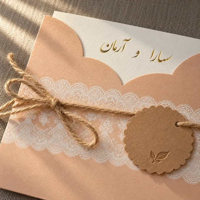 نمای جزئیات از کارت عروسی هلویی مربعی با تگ آویز مدل ۱۰۶۷