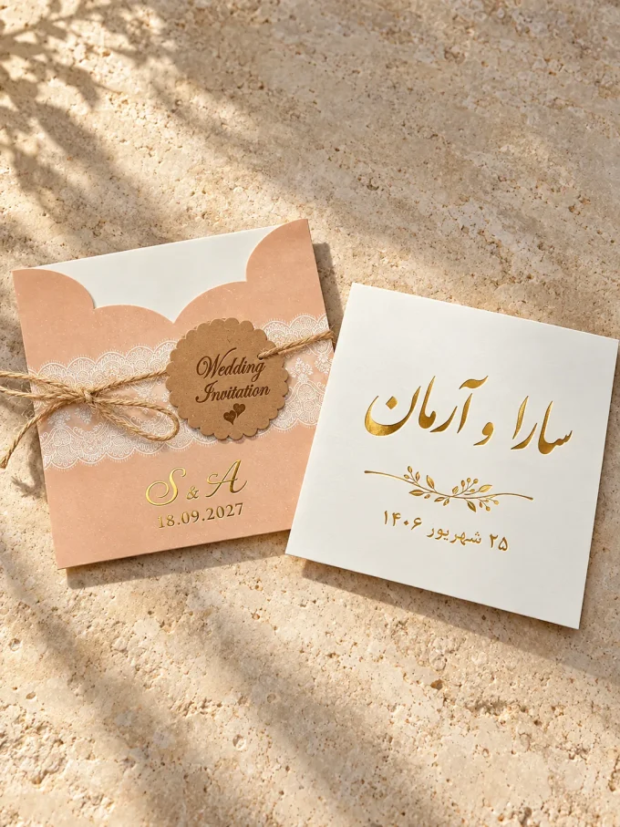 نمای پاکت از کارت عروسی هلویی مربعی با تگ آویز مدل ۱۰۶۷