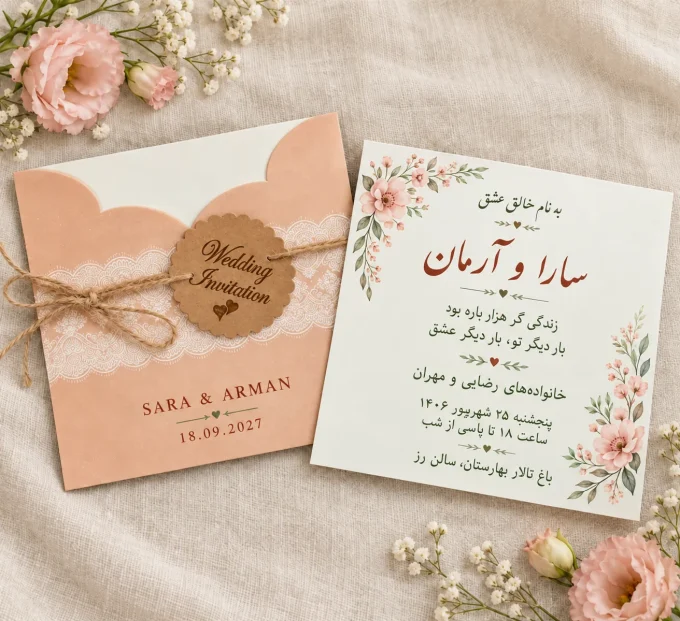 روی پارچه روشن، کنار گل‌ها، با نمونه چاپ رنگی از کارت عروسی هلویی مربعی با تگ آویز مدل ۱۰۶۷