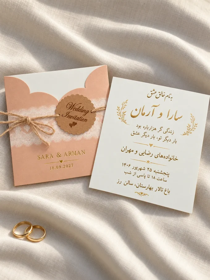 روی پارچه روشن، کنار حلقه‌ها از کارت عروسی هلویی مربعی با تگ آویز مدل ۱۰۶۷