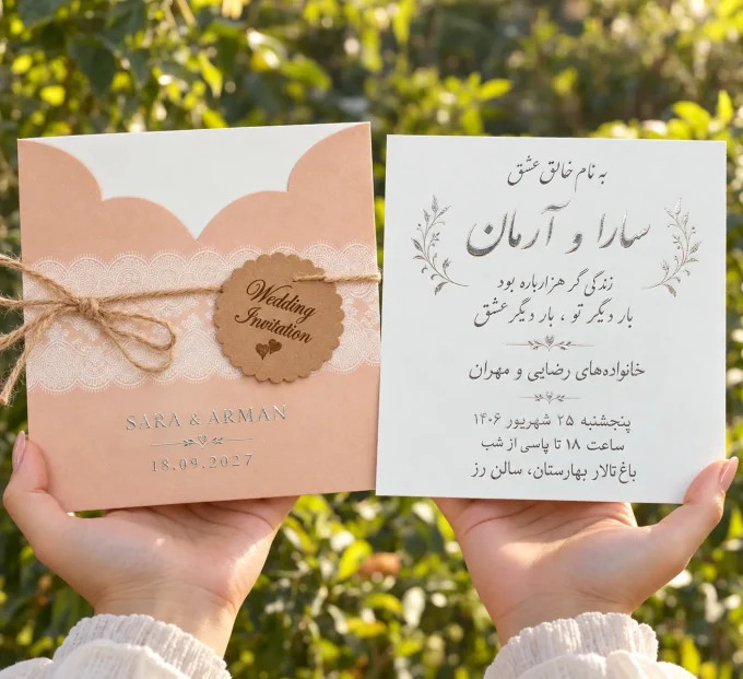 در فضای باز از کارت عروسی هلویی مربعی با تگ آویز مدل ۱۰۶۷