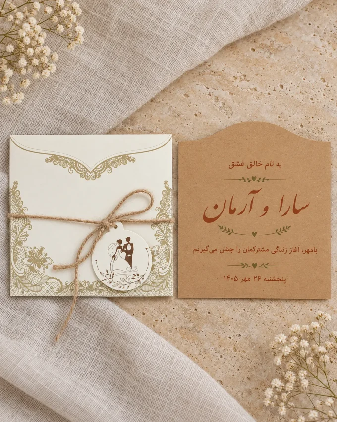 با نمونه چاپ رنگی از کارت عروسی مربعی کرم با آویز ثابت مدل ۱۰۷۳