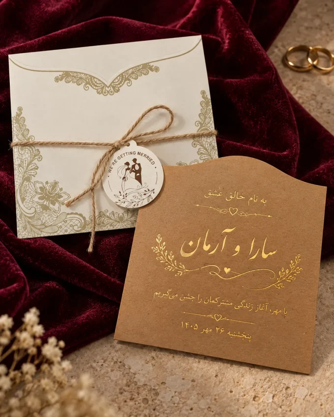 با نمونه طلاکوب از کارت عروسی مربعی کرم با آویز ثابت مدل ۱۰۷۳