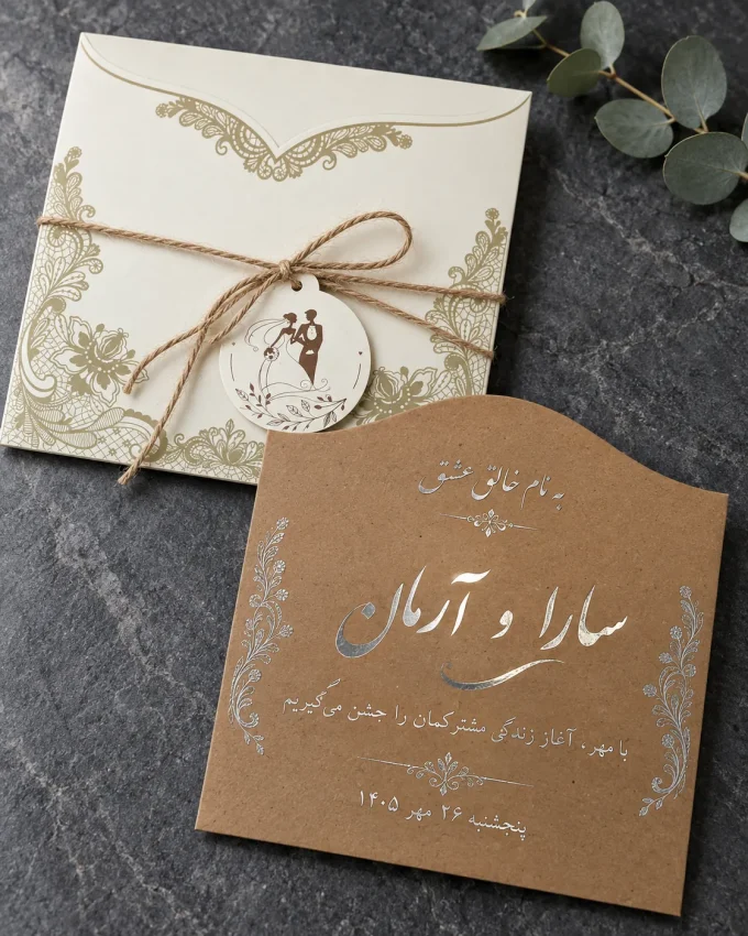 با نمونه نقره‌کوب از کارت عروسی مربعی کرم با آویز ثابت مدل ۱۰۷۳