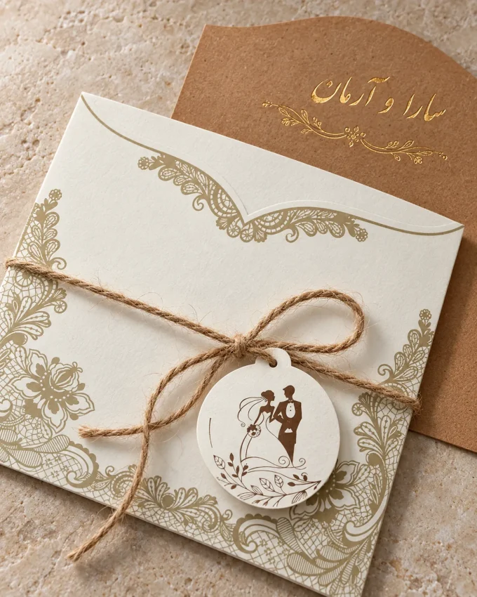 نمای جزئیات از کارت عروسی مربعی کرم با آویز ثابت مدل ۱۰۷۳
