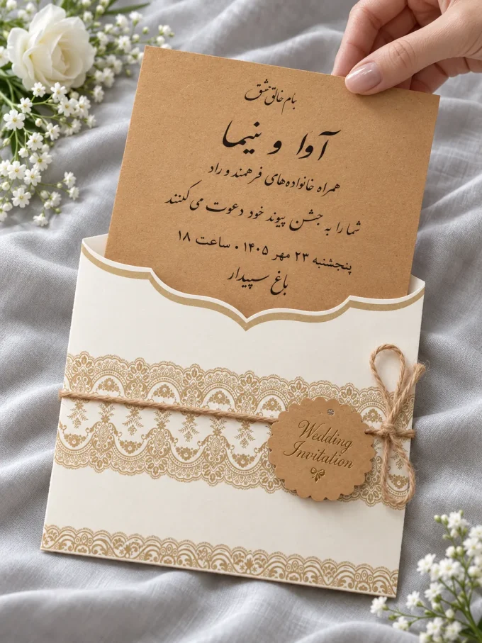 نمای حرکت لایه، با نمونه چاپ مشکی از کارت عروسی مربعی کرم و قهوه‌ای مدل ۱۰۷۴