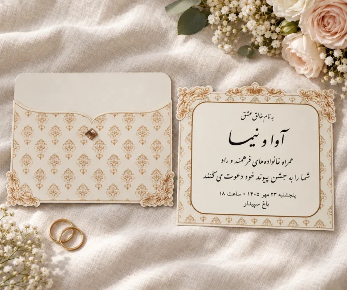 نمای باز کارت، روی پارچه روشن، کنار حلقه‌ها، کنار گل‌ها از کارت عروسی کلاسیک نگین‌دار مدل ۱۰۸۱