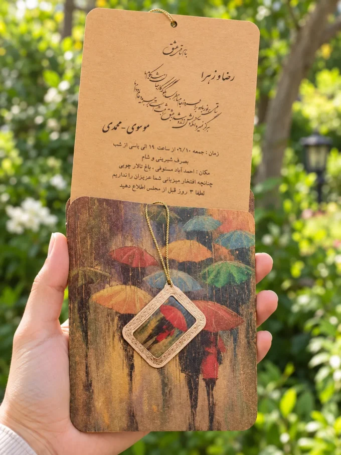 در دست، در فضای باز از کارت عروسی قهوه‌ای طرح چتر مدل ۱۱۰۵
