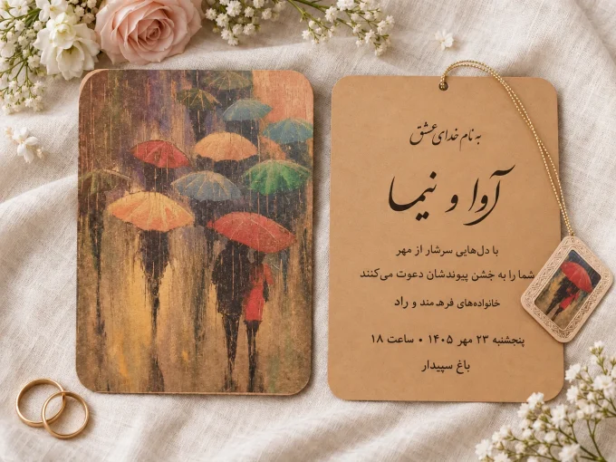 نمای باز کارت، روی پارچه روشن، کنار حلقه‌ها، کنار گل‌ها از کارت عروسی قهوه‌ای طرح چتر مدل ۱۱۰۵