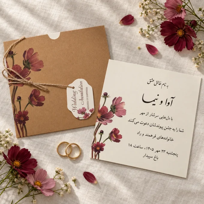 نمای باز کارت، روی پارچه روشن، کنار حلقه‌ها، کنار گل‌ها از کارت عروسی کرافت گل‌دار مربعی مدل ۱۱۲۱
