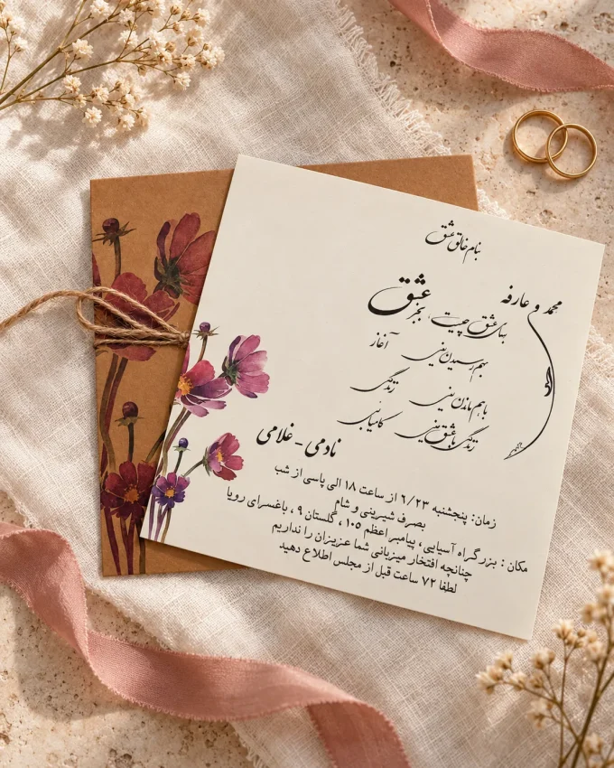 روی پارچه روشن، کنار حلقه‌ها از کارت عروسی کرافت گل‌دار مربعی مدل ۱۱۲۱