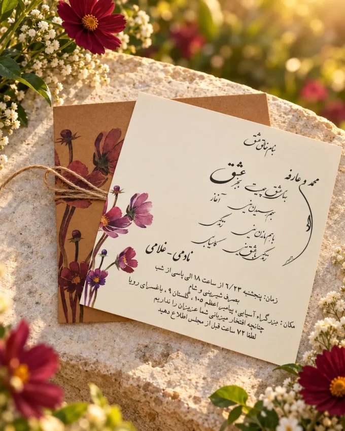 در فضای باز از کارت عروسی کرافت گل‌دار مربعی مدل ۱۱۲۱