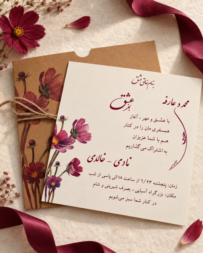 با نمونه چاپ رنگی از کارت عروسی کرافت گل‌دار مربعی مدل ۱۱۲۱