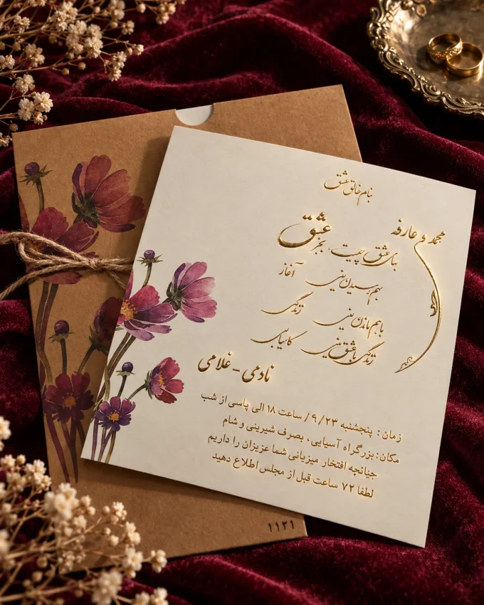 با نمونه طلاکوب از کارت عروسی کرافت گل‌دار مربعی مدل ۱۱۲۱