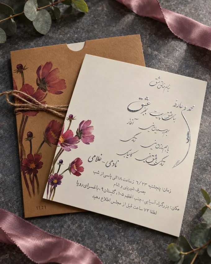 با نمونه نقره‌کوب از کارت عروسی کرافت گل‌دار مربعی مدل ۱۱۲۱