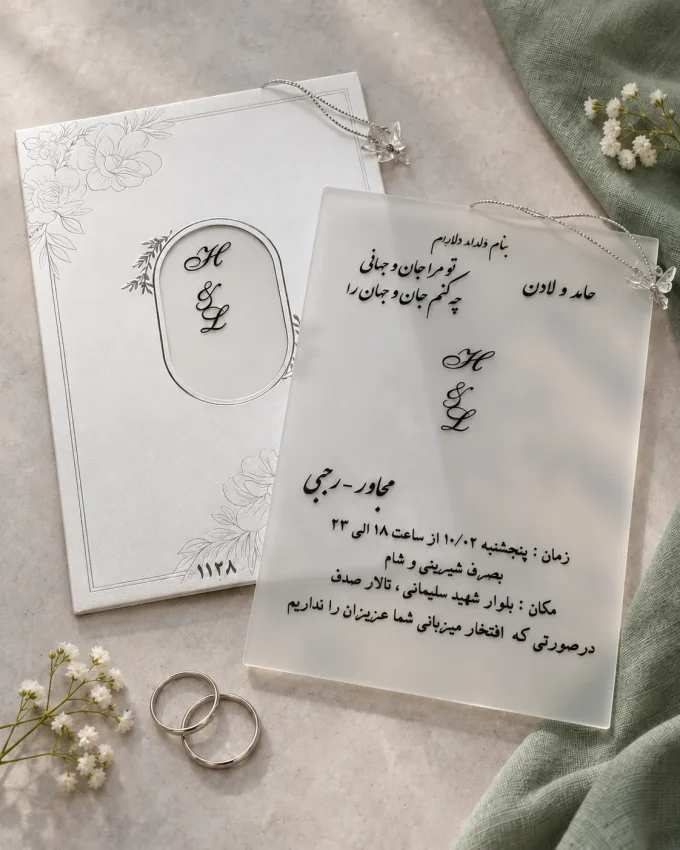 نمای سطح مات از کارت عروسی شیشه مات نقره‌ای مدل ۱۱۲۸
