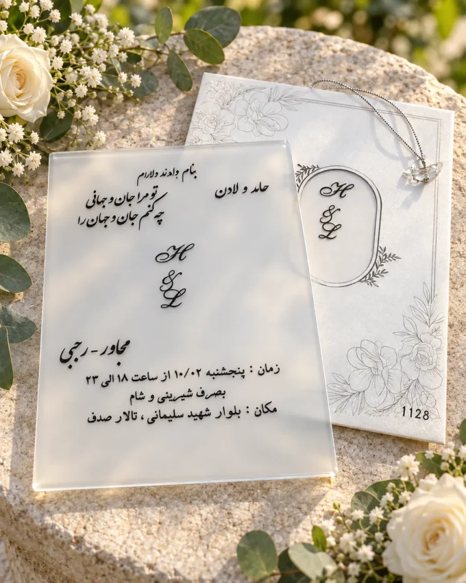 در فضای باز، نمای سطح مات از کارت عروسی شیشه مات نقره‌ای مدل ۱۱۲۸