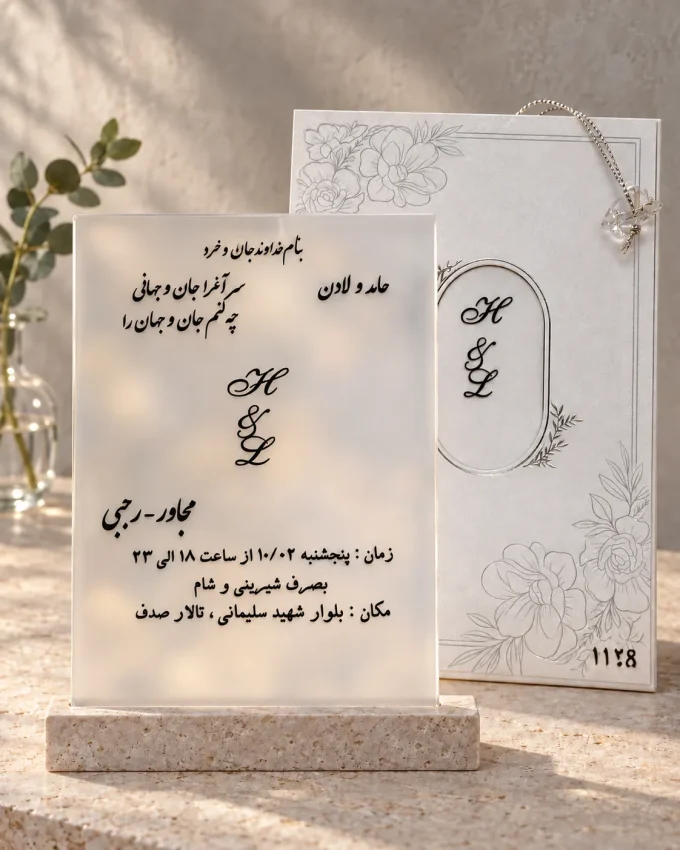 در نور استودیویی، نمای سطح مات از کارت عروسی شیشه مات نقره‌ای مدل ۱۱۲۸