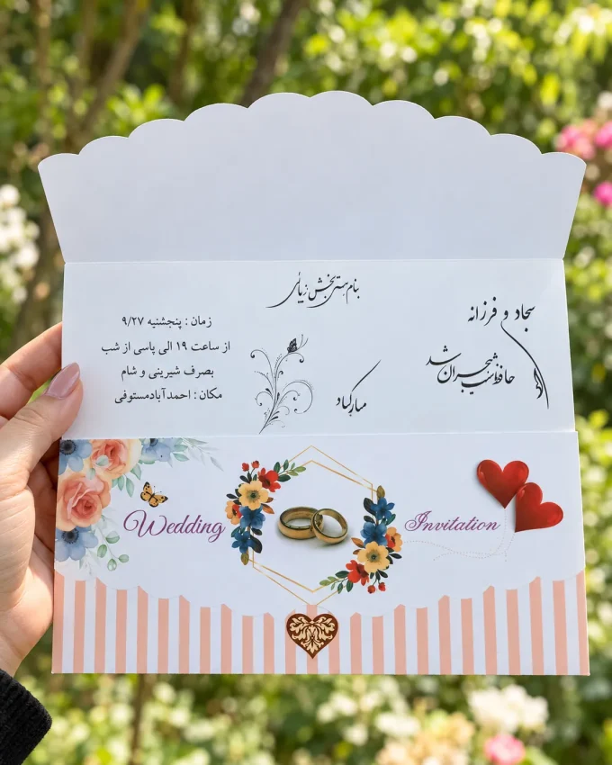 نمای باز کارت، در فضای باز از کارت عروسی سه‌لا افقی گل‌دار مدل ۱۱۳۷