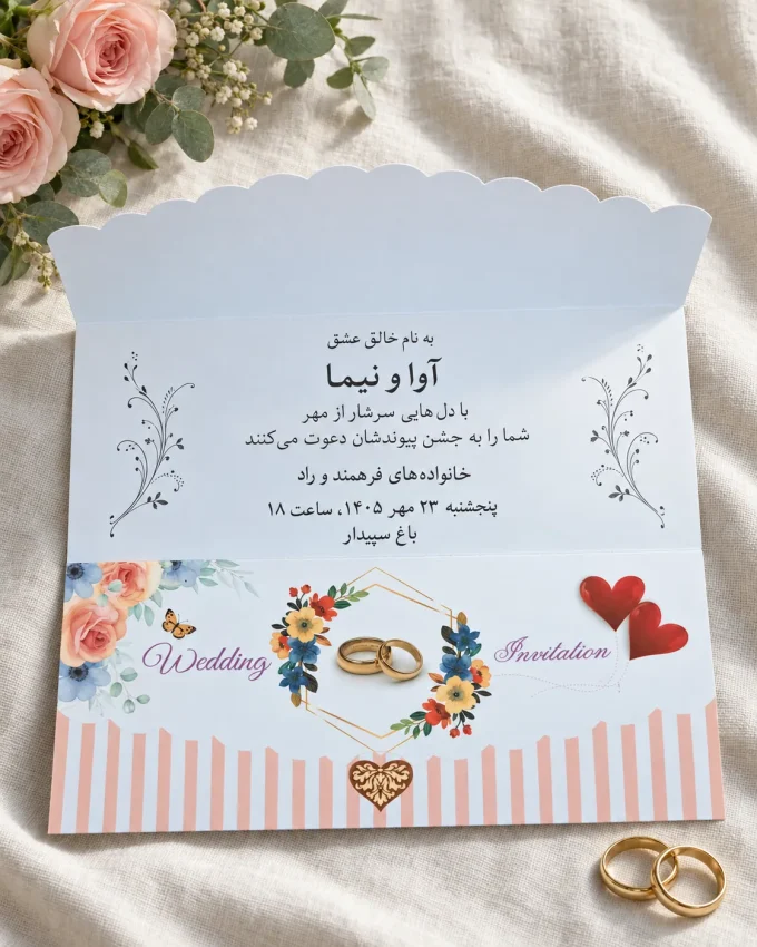 نمای باز کارت از کارت عروسی سه‌لا افقی گل‌دار مدل ۱۱۳۷