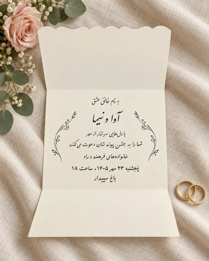 نمای باز کارت، روی پارچه روشن، کنار حلقه‌ها، کنار گل‌ها از کارت عروسی سه‌لا قهوه‌ای قلبی مدل ۱۱۶۶