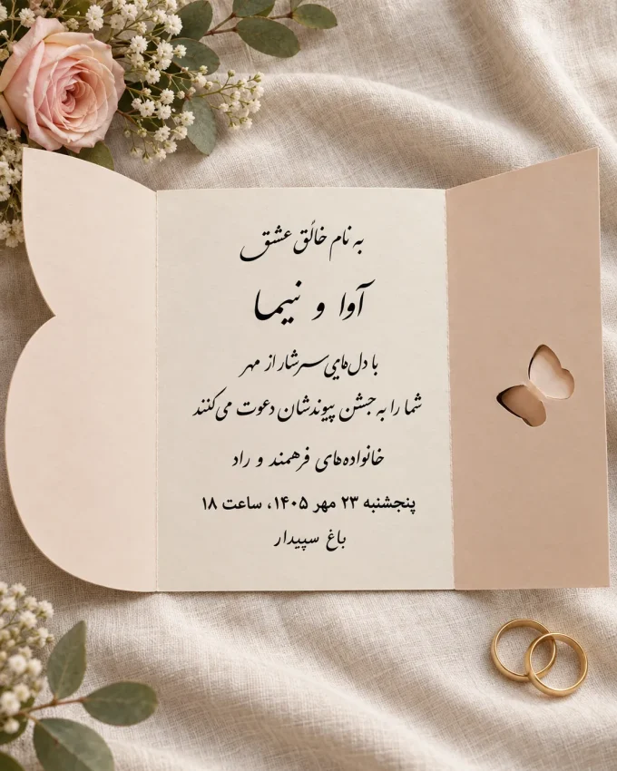 نمای باز کارت، روی پارچه روشن، کنار حلقه‌ها، کنار گل‌ها از کارت عروسی سه‌لا پروانه‌ای کرم مدل ۱۱۷۴