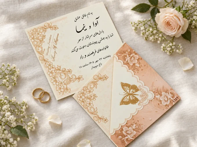 نمای تکمیلی محصول از کارت عروسی مربعی هلویی پروانه‌ای مدل ۱۱۸۱