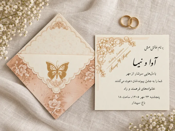 نمای باز کارت، روی پارچه روشن، کنار حلقه‌ها، کنار گل‌ها از کارت عروسی مربعی هلویی پروانه‌ای مدل ۱۱۸۱