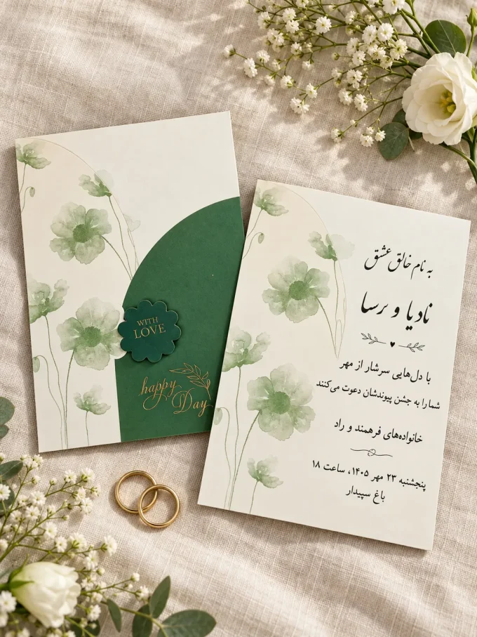 نمای تکمیلی محصول از کارت عروسی سبز مهردار طلاکوب مدل ۱۲۱۱