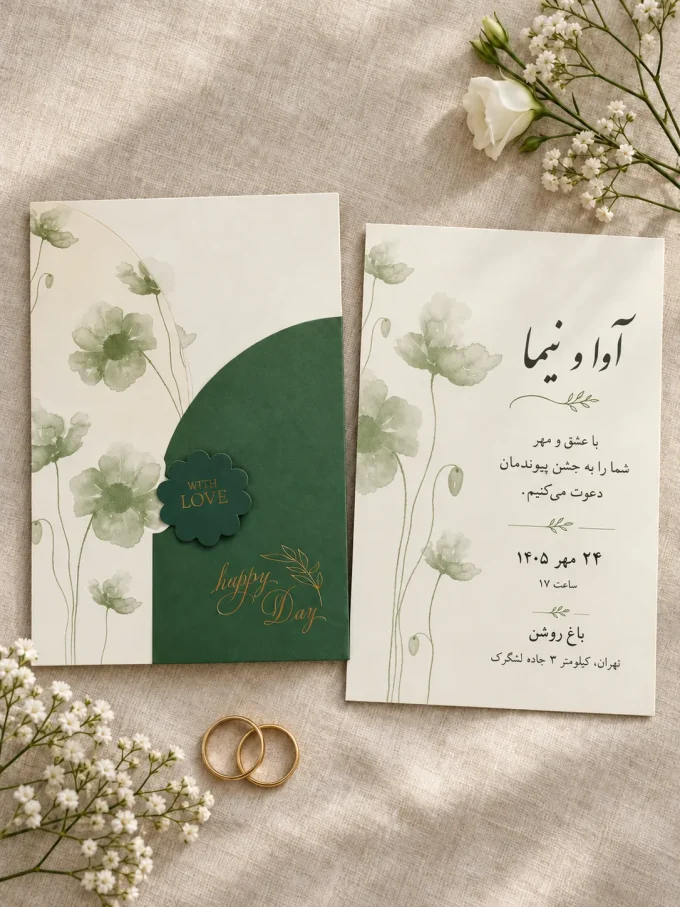 نمای باز کارت، روی پارچه روشن، کنار حلقه‌ها، کنار گل‌ها از کارت عروسی سبز مهردار طلاکوب مدل ۱۲۱۱