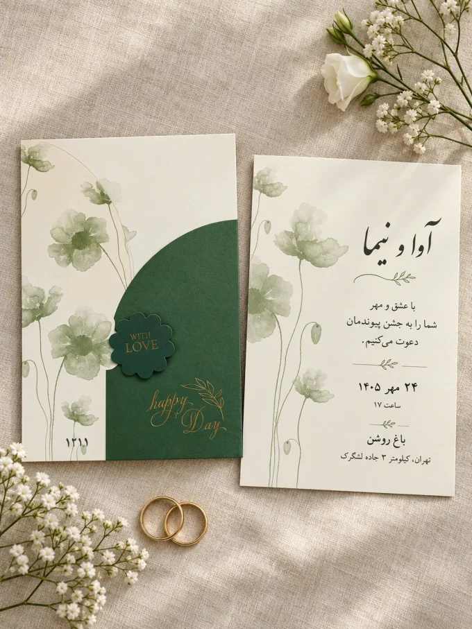 نمای باز کارت، روی پارچه روشن از کارت عروسی سبز مهردار طلاکوب مدل ۱۲۱۱