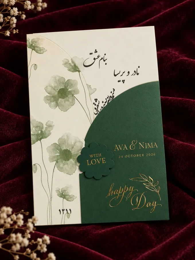 با نمونه طلاکوب، نمای پاکت از کارت عروسی سبز مهردار طلاکوب مدل ۱۲۱۱