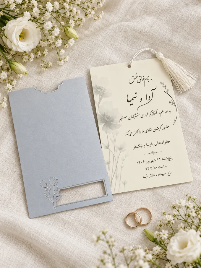 نمای باز کارت، روی پارچه روشن، کنار حلقه‌ها، کنار گل‌ها از کارت عروسی طوسی نقره‌ای پنجره‌دار مدل ۱۲۱۵