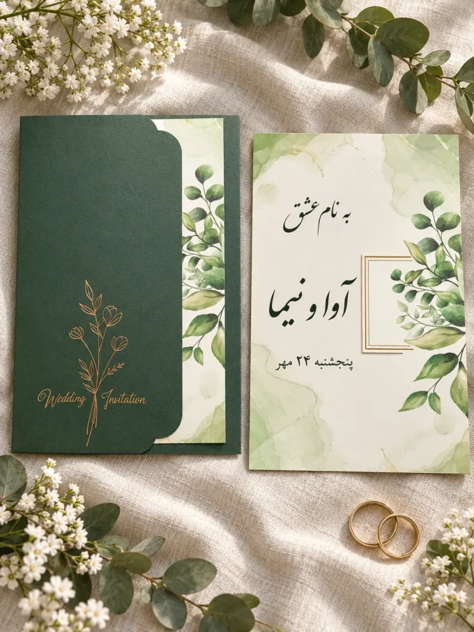 نمای باز کارت، روی پارچه روشن از کارت عروسی سبز کشویی گل‌طلایی مدل ۱۲۱۷